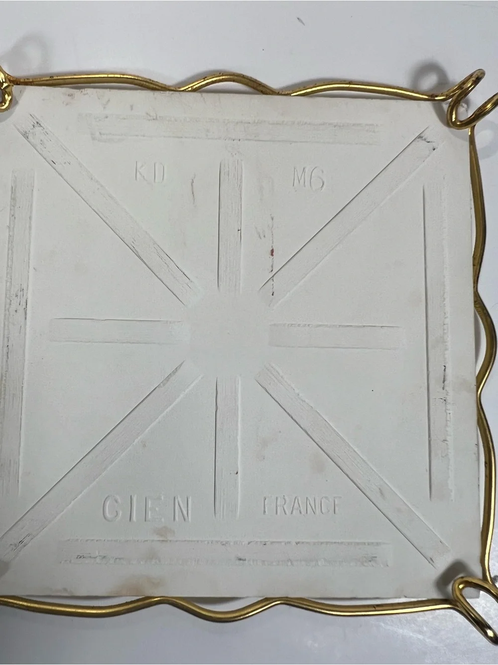 Vintage Gien France Grands Crustaces Lobster Ceramic Tile Trivet Gold Tone Frame